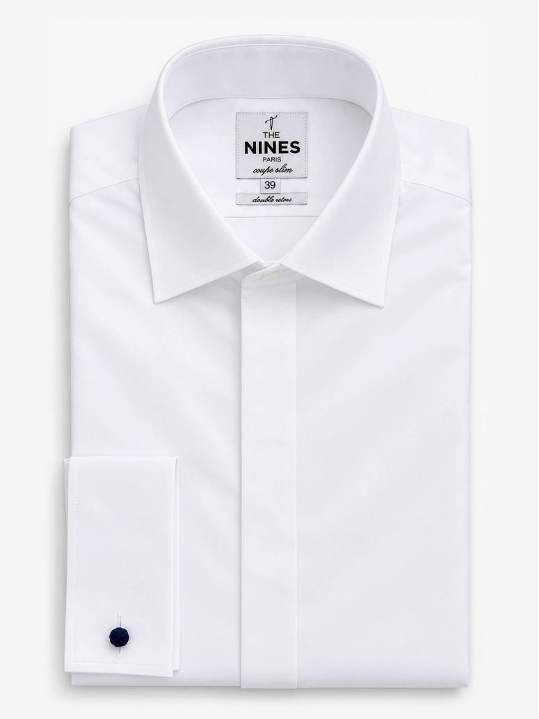 Camisa mosqueteiro branca com frente oculta colarinho italiano