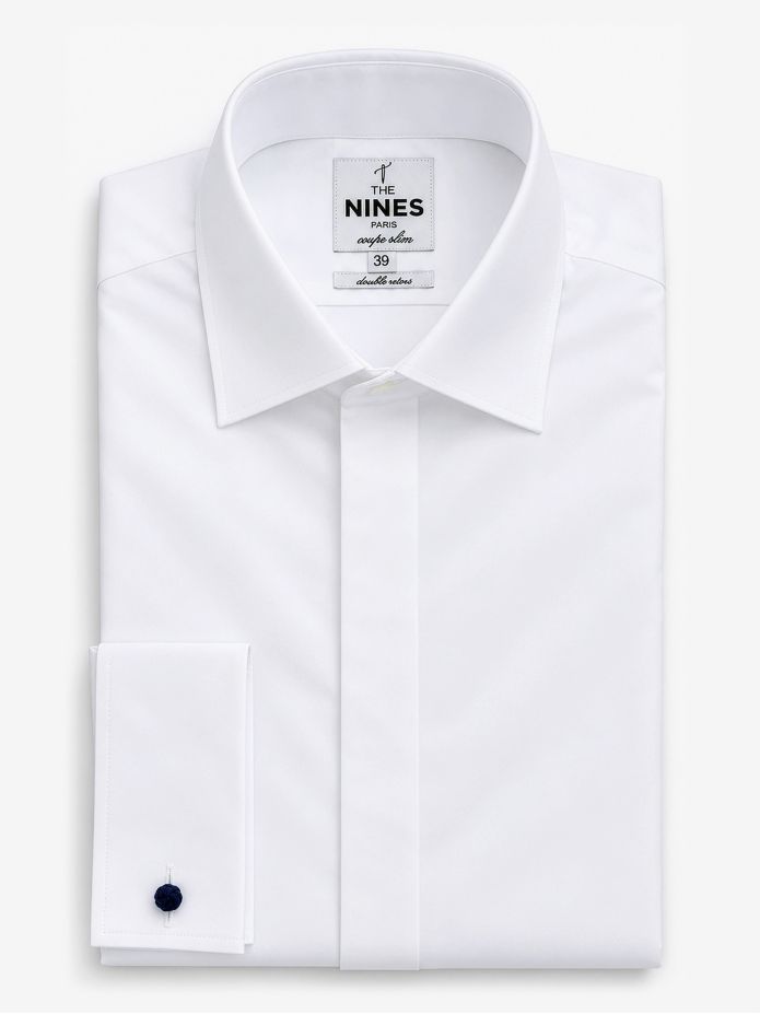 Camisa mosqueteiro branca com frente oculta colarinho italiano